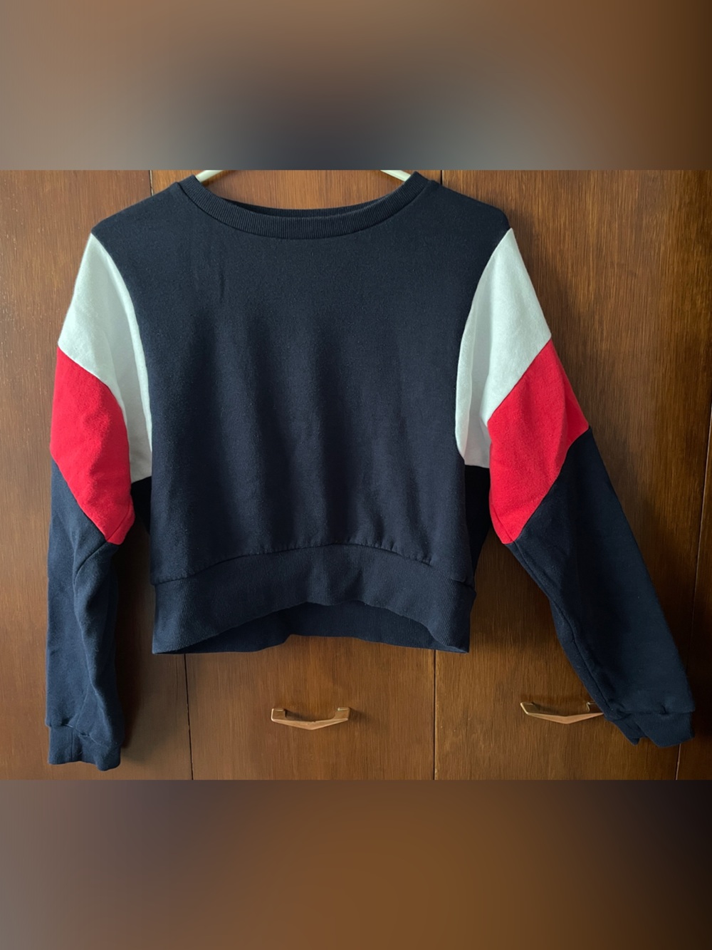 Garage Cropped Colorblock Sweatshirt in Navy, White & Red